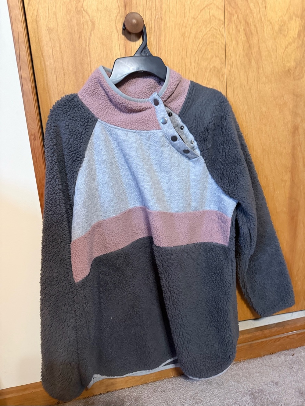 Maurices Colorblock Sherpa Turtleneck Pullover - Charcoal, Light Gray & Mauve